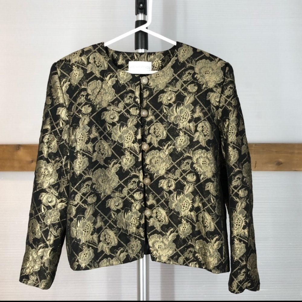 VANESSA STEVENS Vintage Black & Metallic Gold Floral Blazer Sz 18